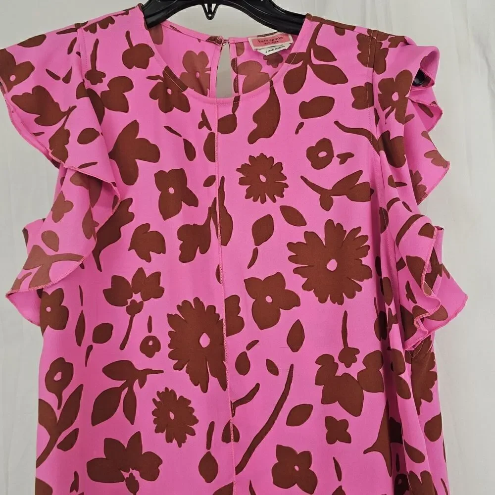 Kate Spade Splash Floral Crewneck Flutter Sleeve Keyhole Top Size Sm Pink Multi